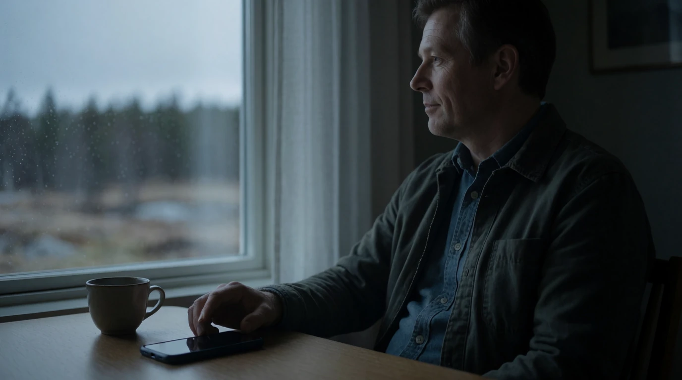 Man reflekterar vid bord med nedvänd mobiltelefon