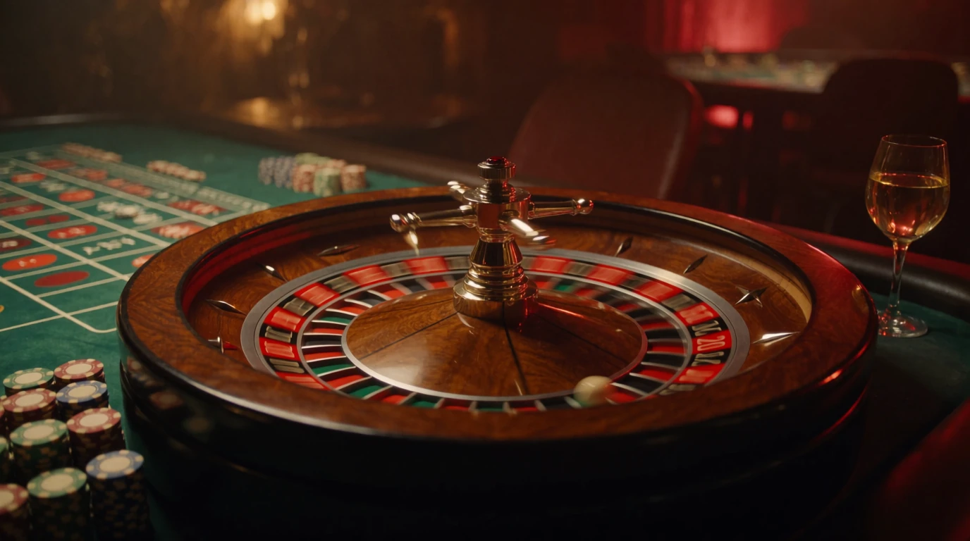 Elegant roulettehjul med marker på grönt bord i casinomiljö