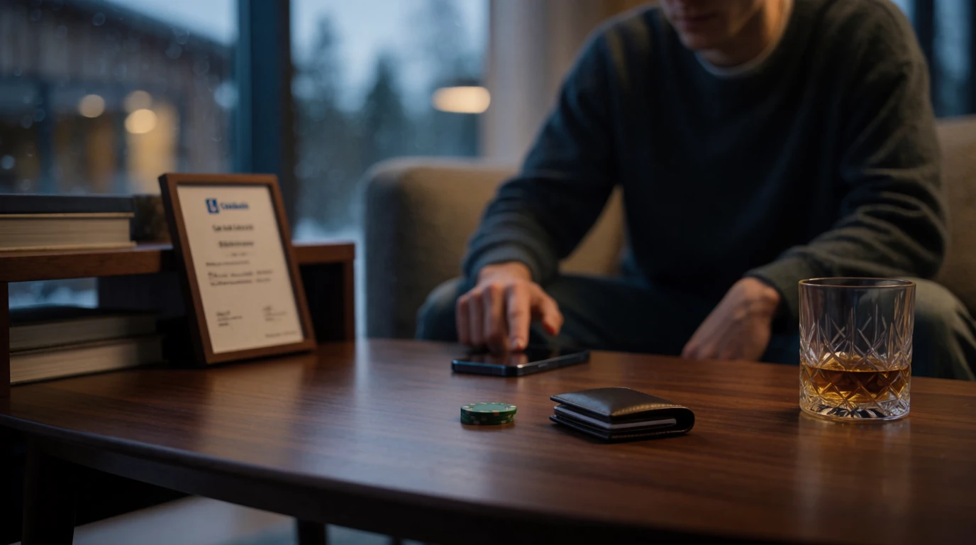 Svensk casinomiljö med licensdokument, jetong och avslappnad stämning