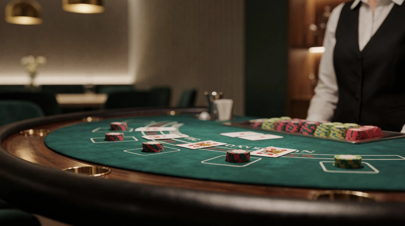 Blackjackbord med marker och kort på grönt filtkläde