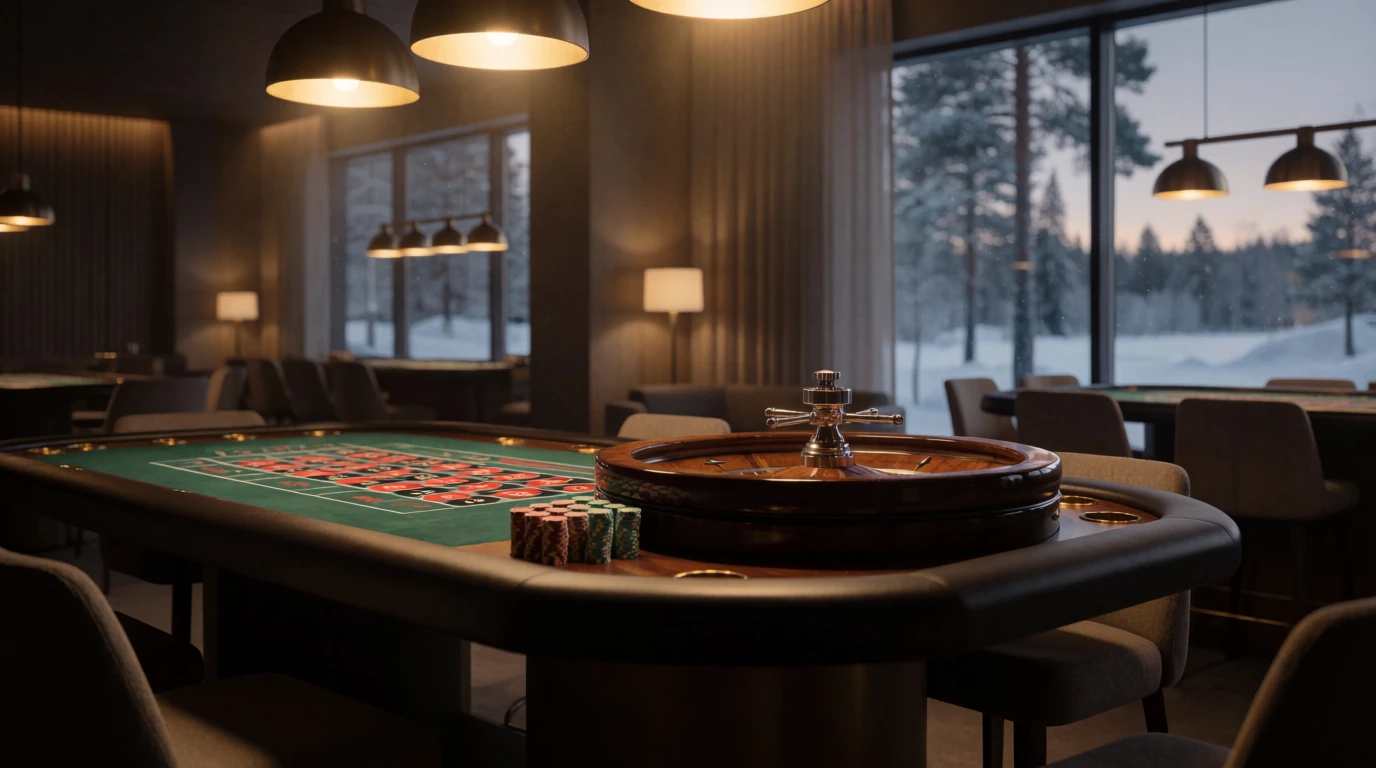 Elegant roulettebord i modernt skandinaviskt casino med vinterutsikt över Sverige