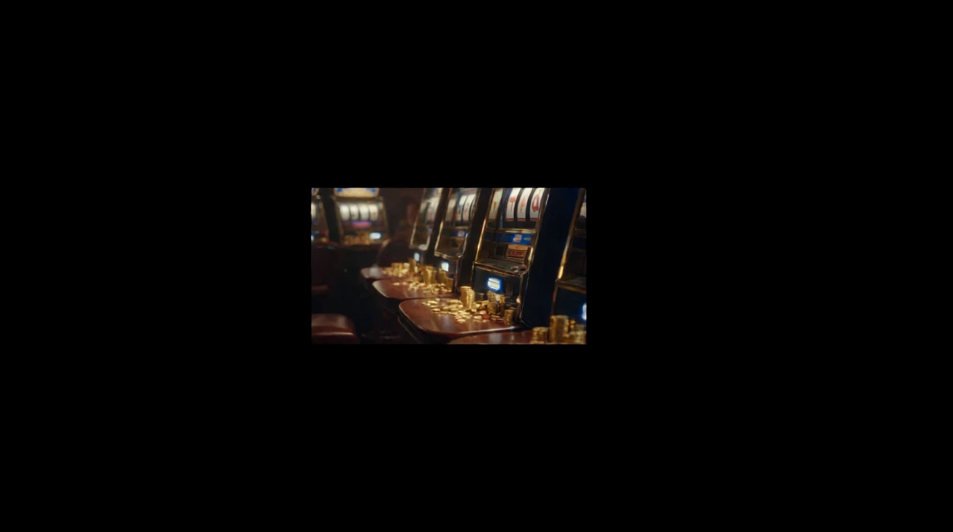 Casinogolv med spelautomater och utspillda guldmarker i förgrund