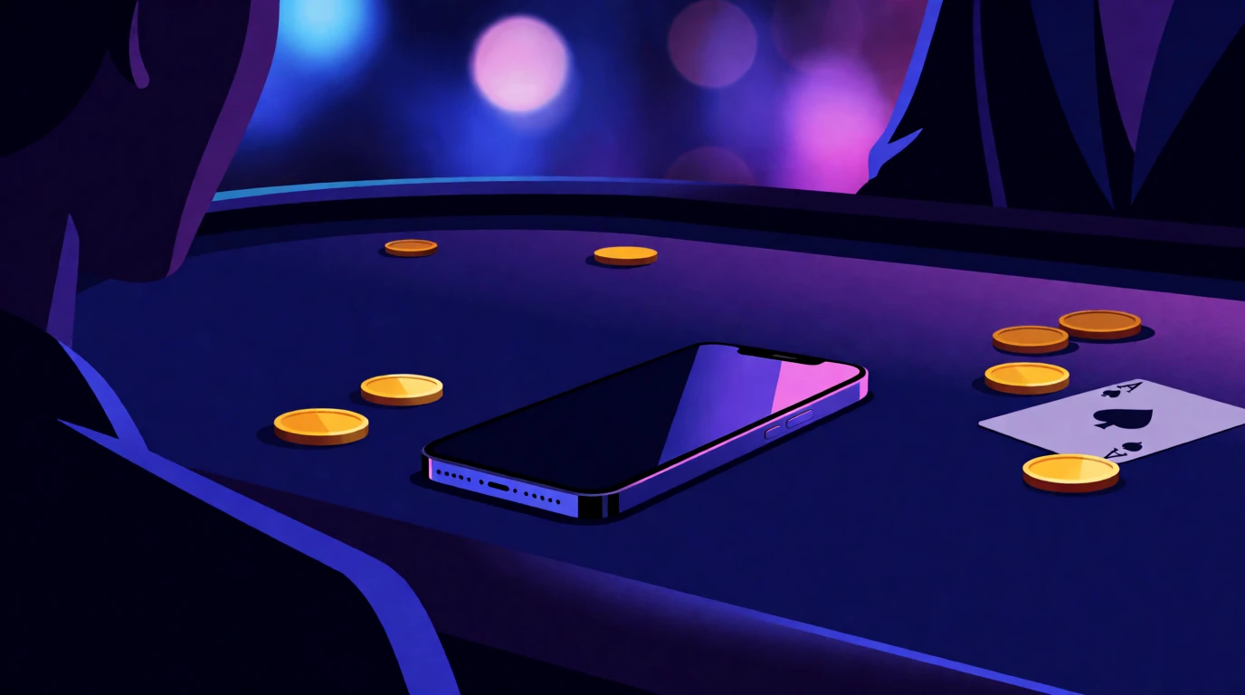 Modern telefon på casinobord med mynt och spelkort, neonblå belysning