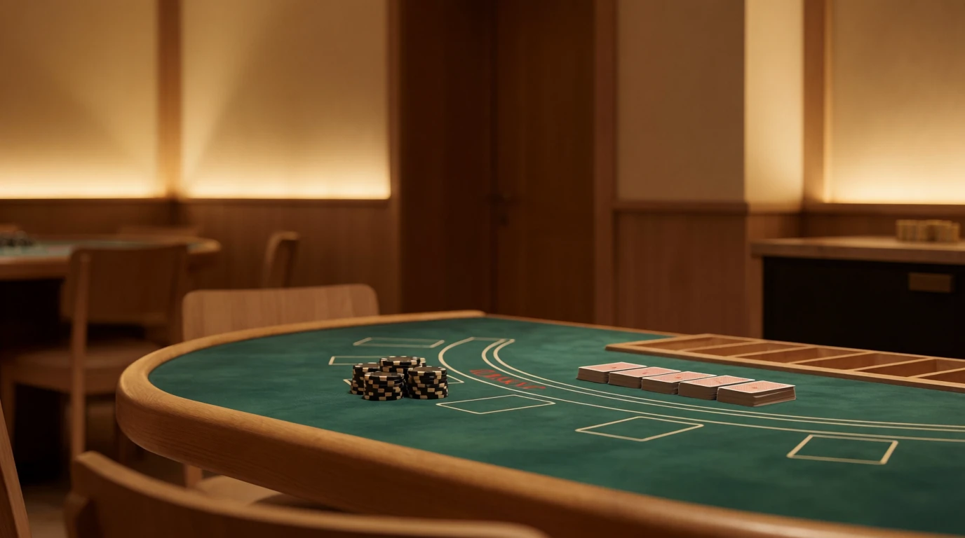 Elegant blackjackbord med marker och kort i en minimalistisk svensk casinomiljö