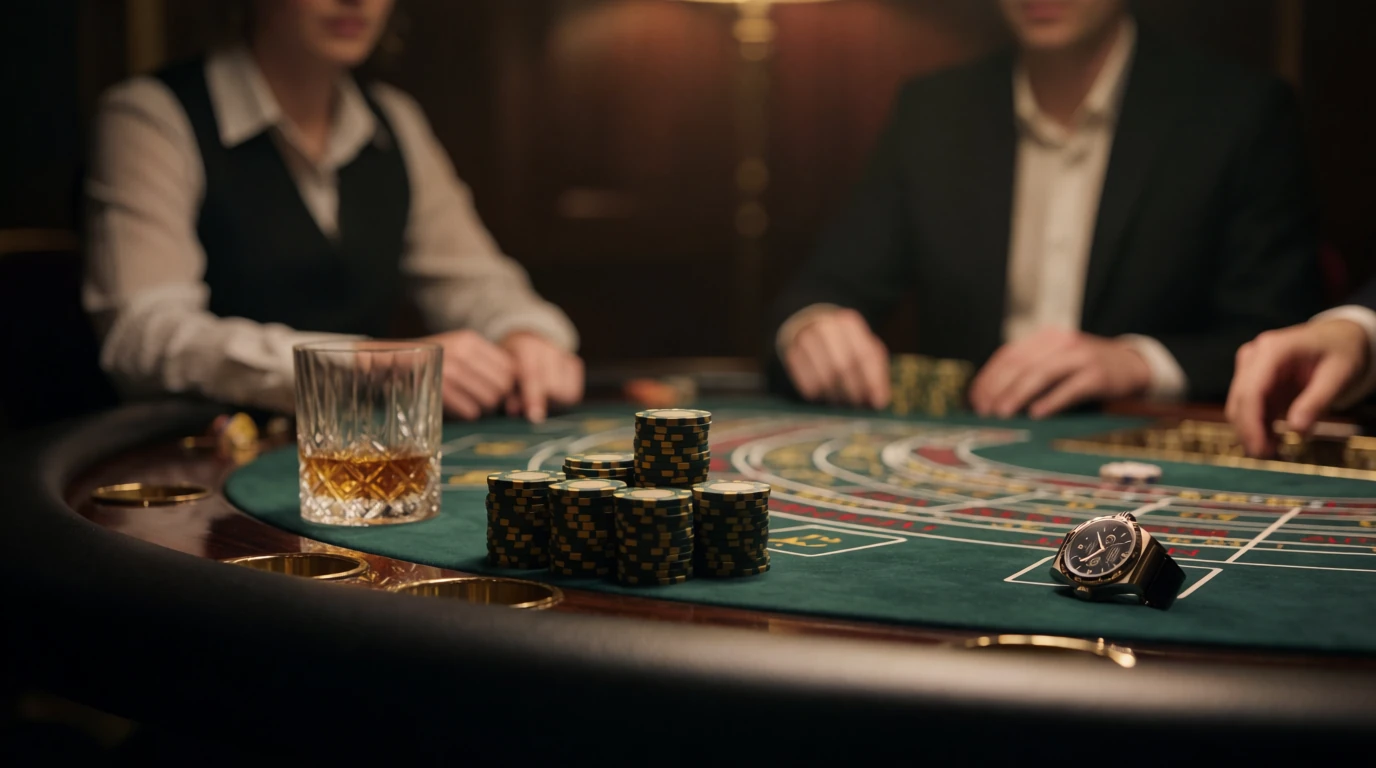 Exklusivt casinobord med höga insatser och guldfärgade marker
