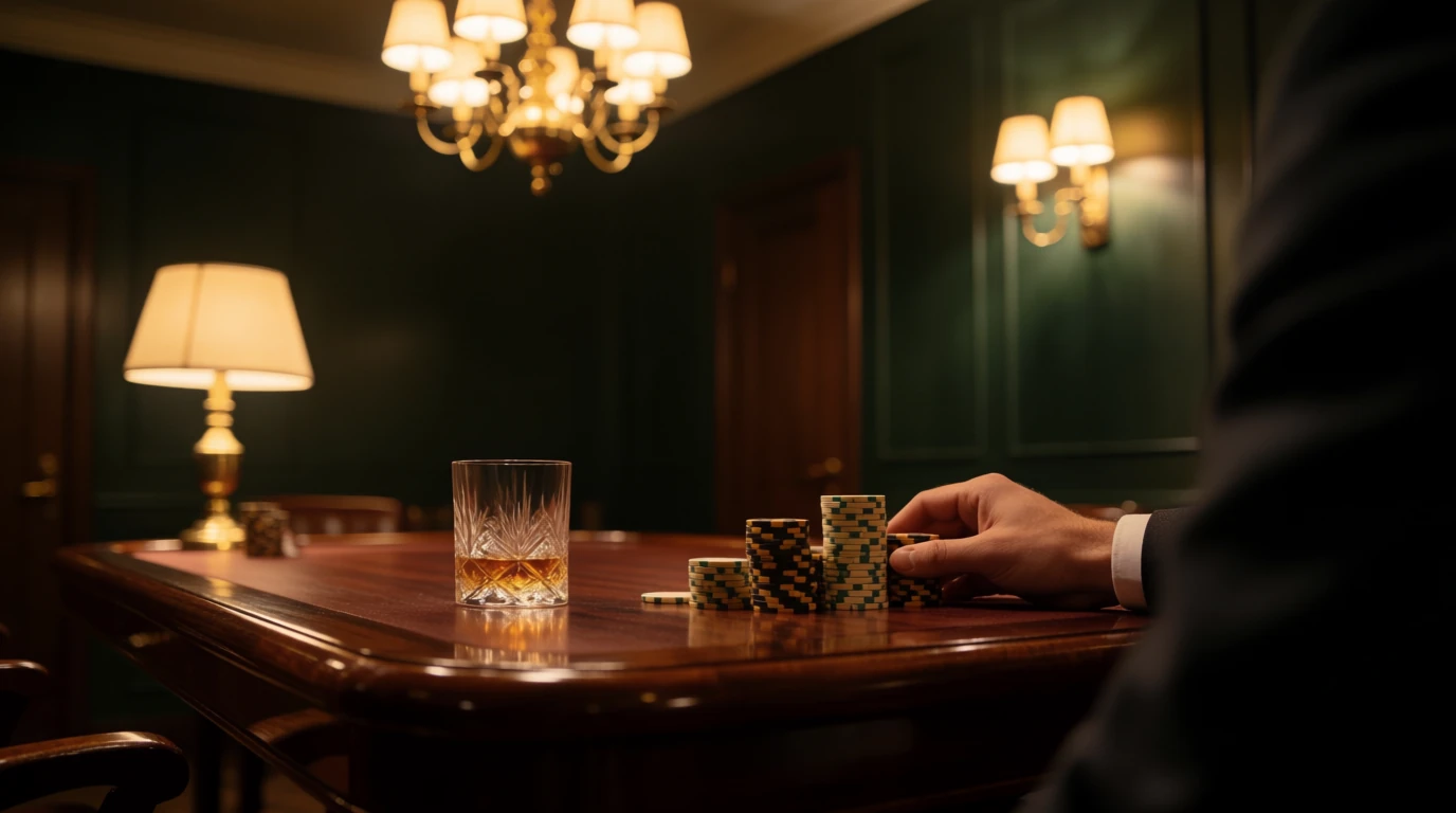 Exklusiv VIP-miljö på ett svenskt casino med marker och whisky