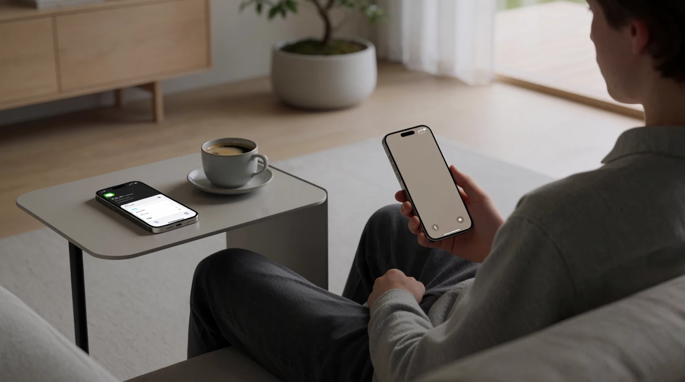 Person med smartphone i modernt svenskt vardagsrum med Apple Pay