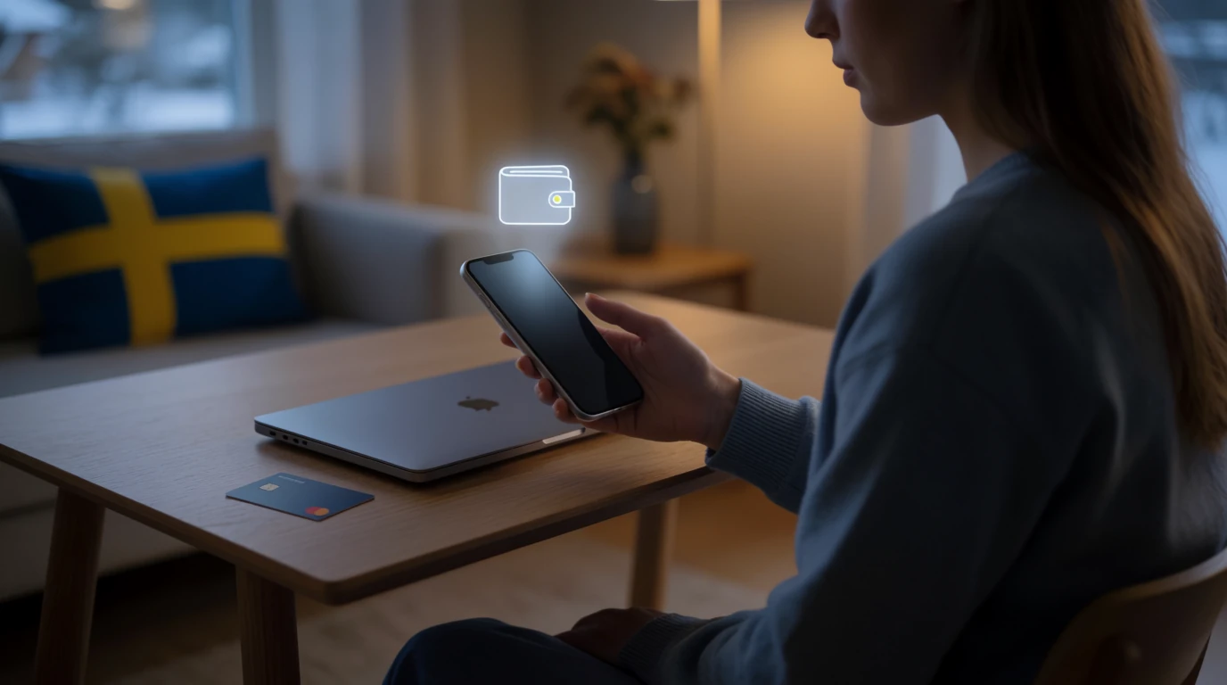Skandinavisk kvinna använder mobilbetalning med e-plånbok i modernt hem