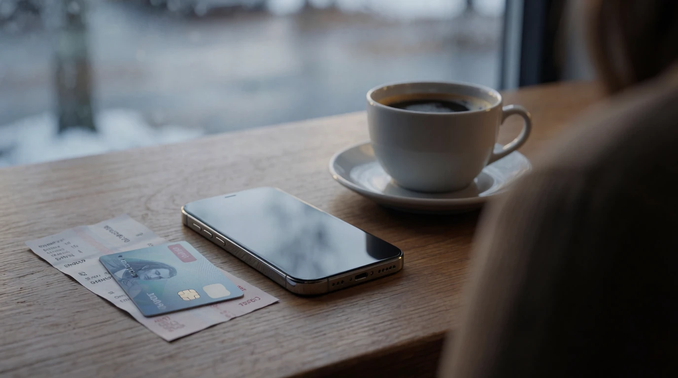 Smartphone, bankkort och banköverföringsblankett på ett träbord
