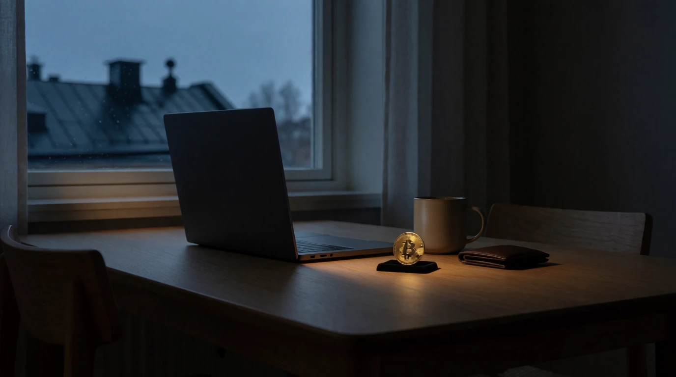 Stängt laptopbord med Bitcoin-mynt i svensk lägenhet