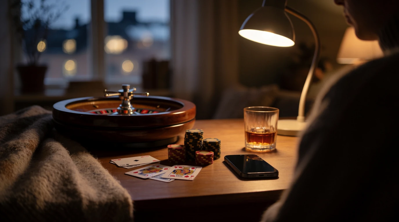 Casinobord med marker, kort och rouletthjul i ett varmt belyst rum