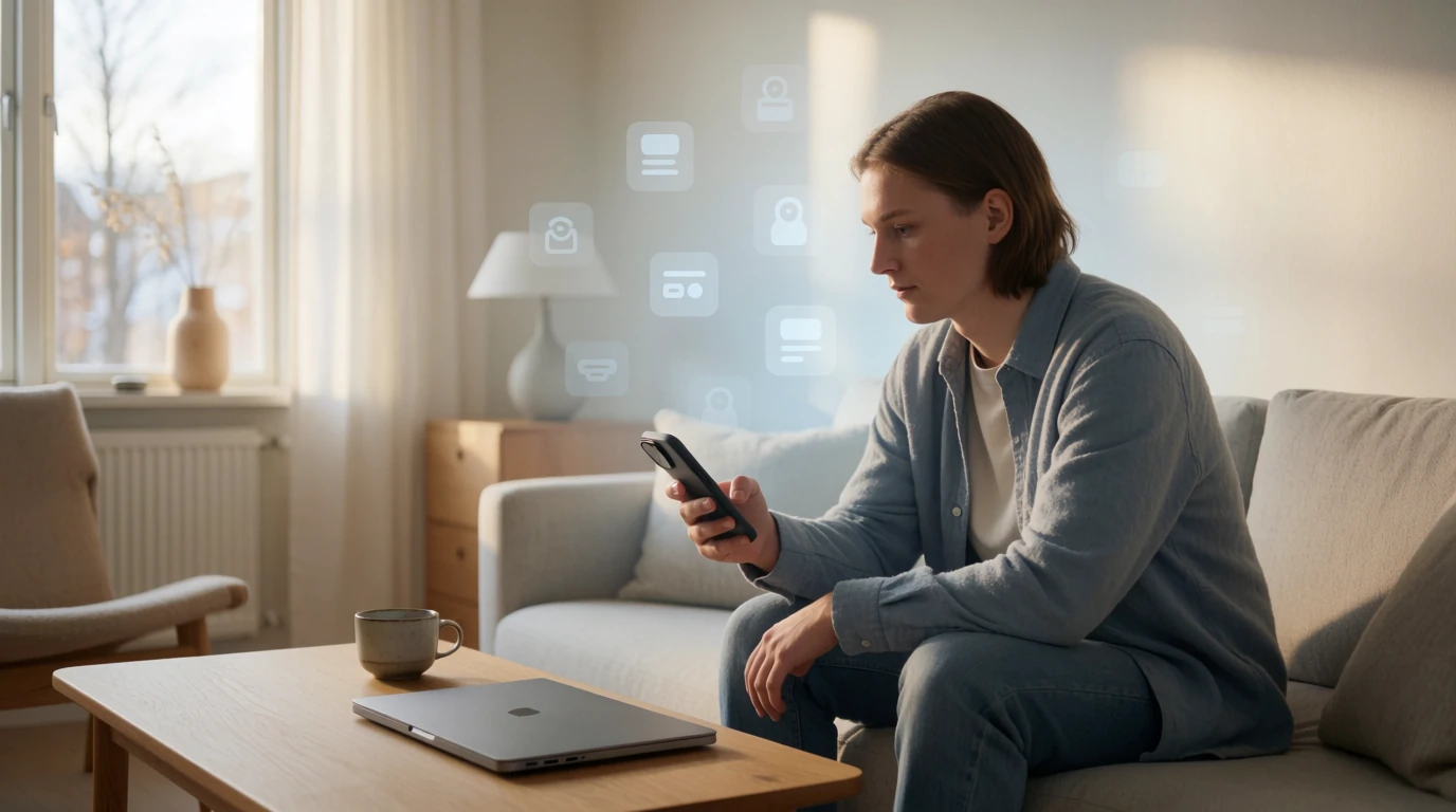 Person i modern svensk lägenhet med mobiltelefon och säker digital betalning
