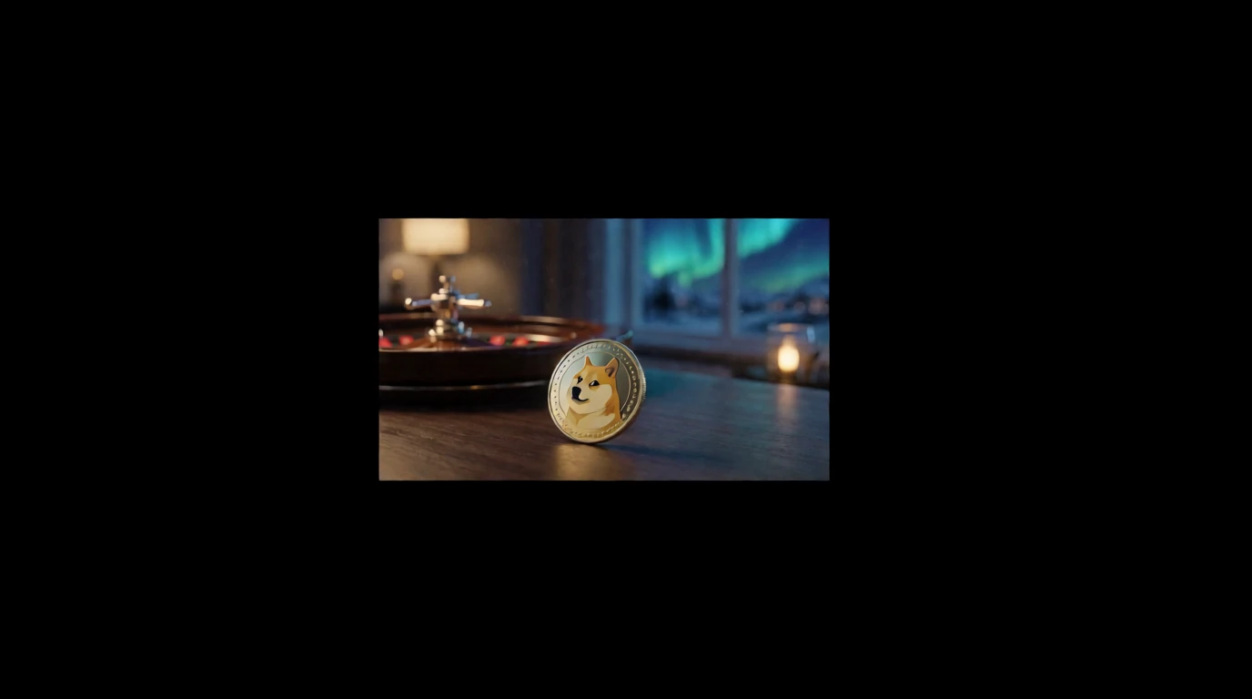 Glänsande Dogecoin-myint bredvid en suddig casinohjul i modern skandinavisk miljö