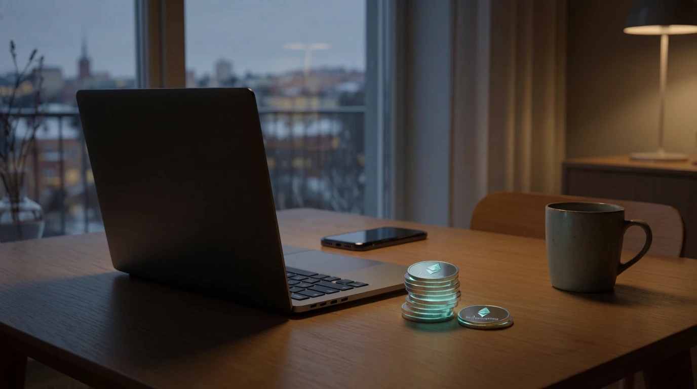Ethereum-myint bredvid en bärbar dator i en modern svensk lägenhet