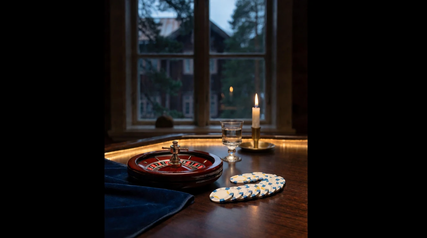 Roulette och casinokristaller på ett mörkt bord med svensk färgpalett