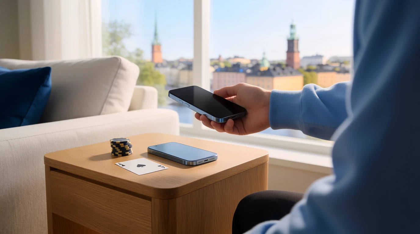 Smartphone med kontaktlös betalning bredvid casinofigurer i modernt skandinaviskt hem