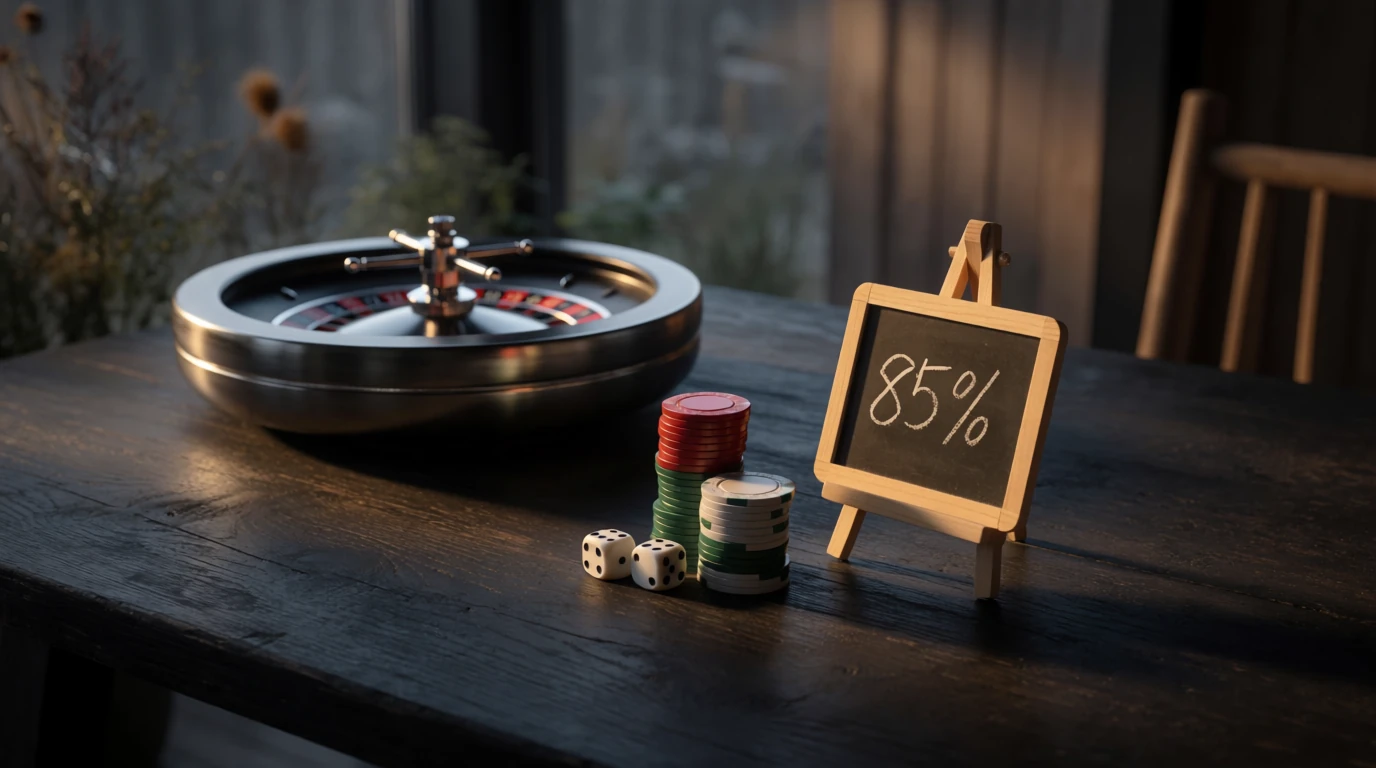 Casinochips, roulettehjul och krittavla med procentsiffra på mörkt bord