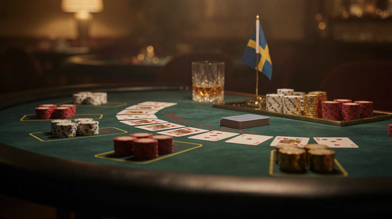 Elegant casino-bord med spelkort, marker och svensk inredning i varm belysning