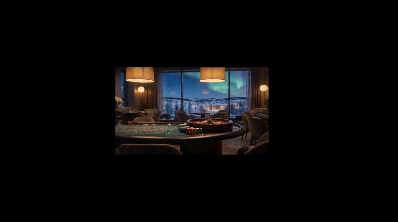 Elegant casinobord med roulette och marker, svensk vinterutsikt
