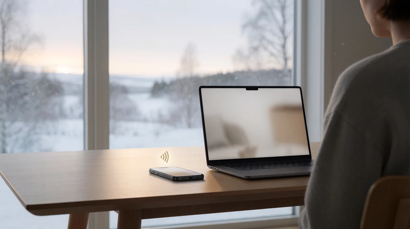 Modernt nordiskt hem med mobil och laptop som symboliserar säkra onlinebetalningar via e-plånbok.