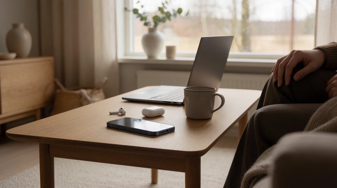 Modern svenskt vardagsrum med mobil och laptop på bordet