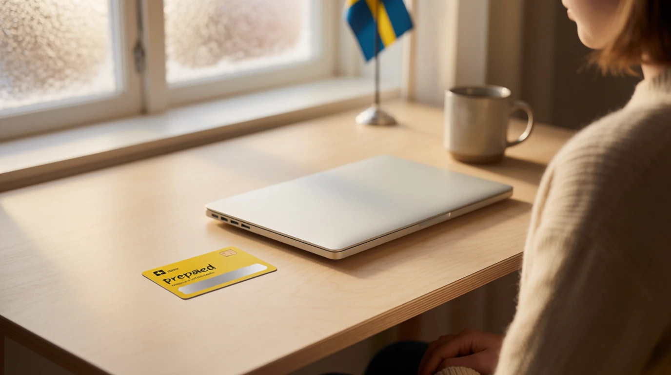 Skandinavisk hemmakontorsscen med ett förbetalt värdekort och en stängd laptop på skrivbordet.