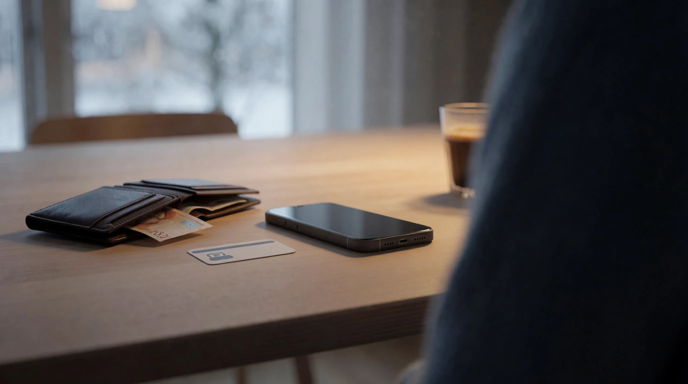 Svensk krona sedel, plånbok och telefon på skrivbord