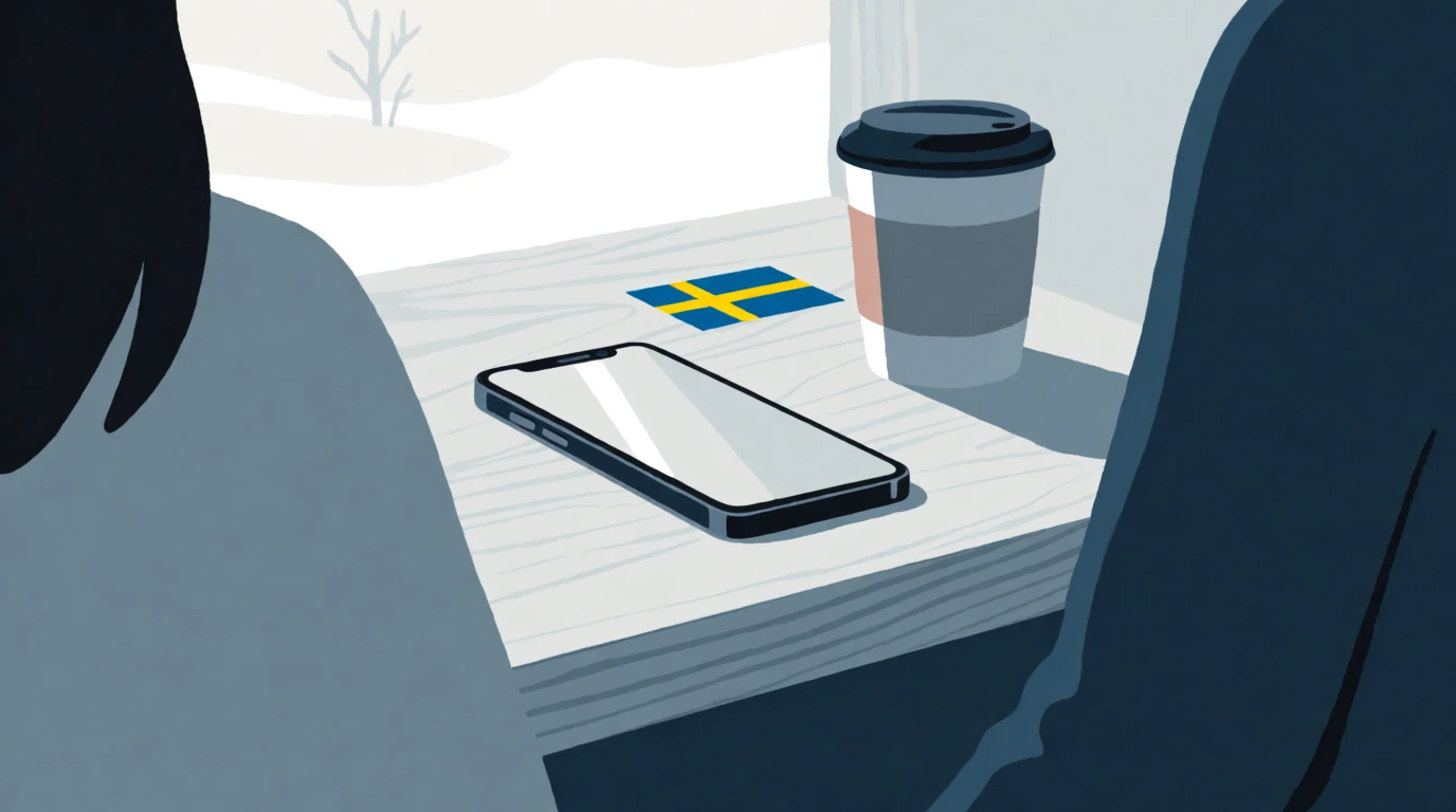 Smartphone med nedåtvänd skärm vid kaffekopp på ett minimalistiskt nordiskt bord