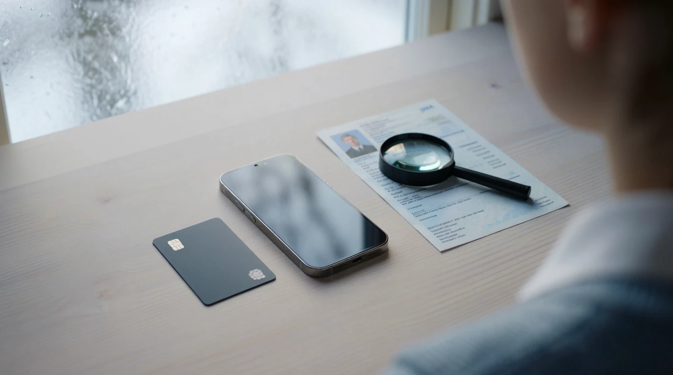 Vänd smartphone, bankkort och förstoringsglas på skrivbordet