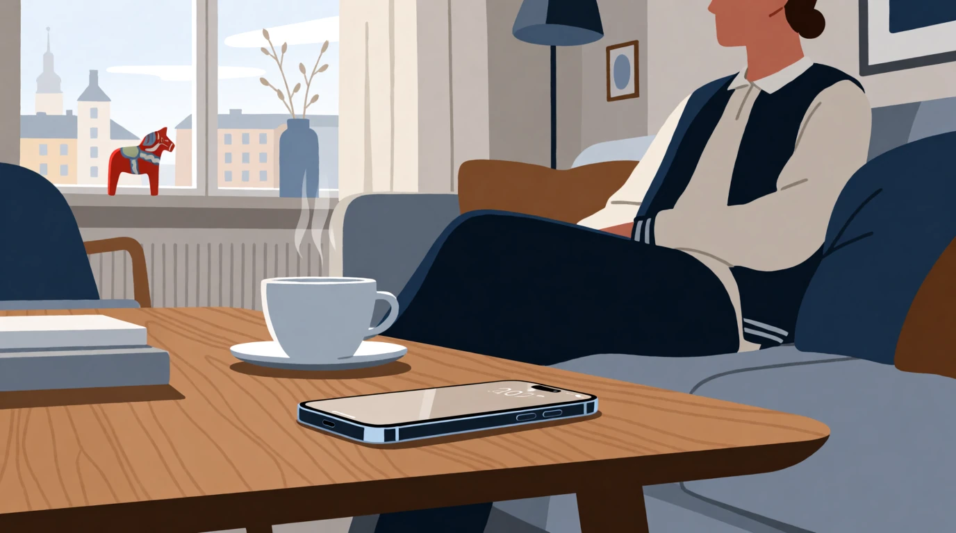 Smarttelefon och kaffekopp på soffbord i skandinavisk vardagsrum