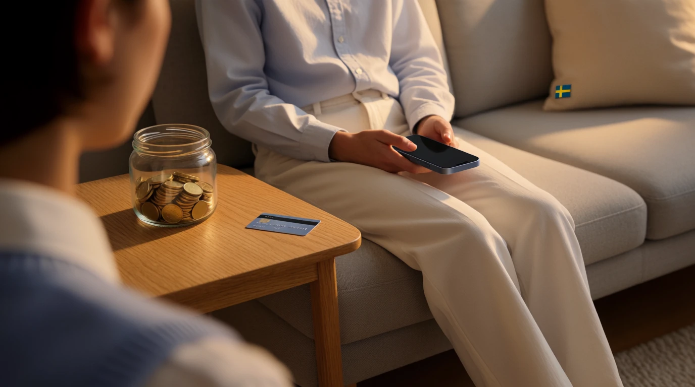 Person i skandinavisk vardagsrum med telefon och glasburk med mynt, symboliserar snabba casinouttag