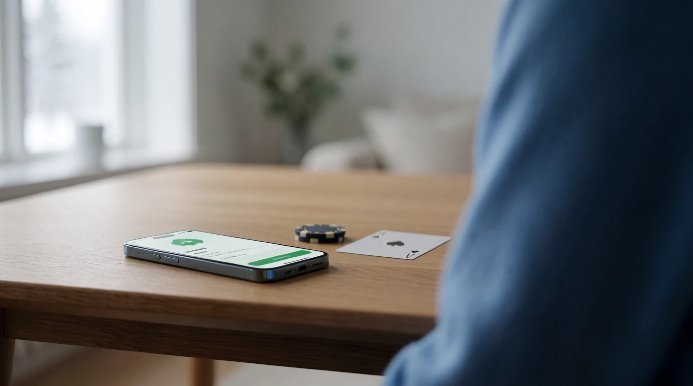 Smartphone med betalningsapp på bord bredvid casinospel i skandinavisk inredning