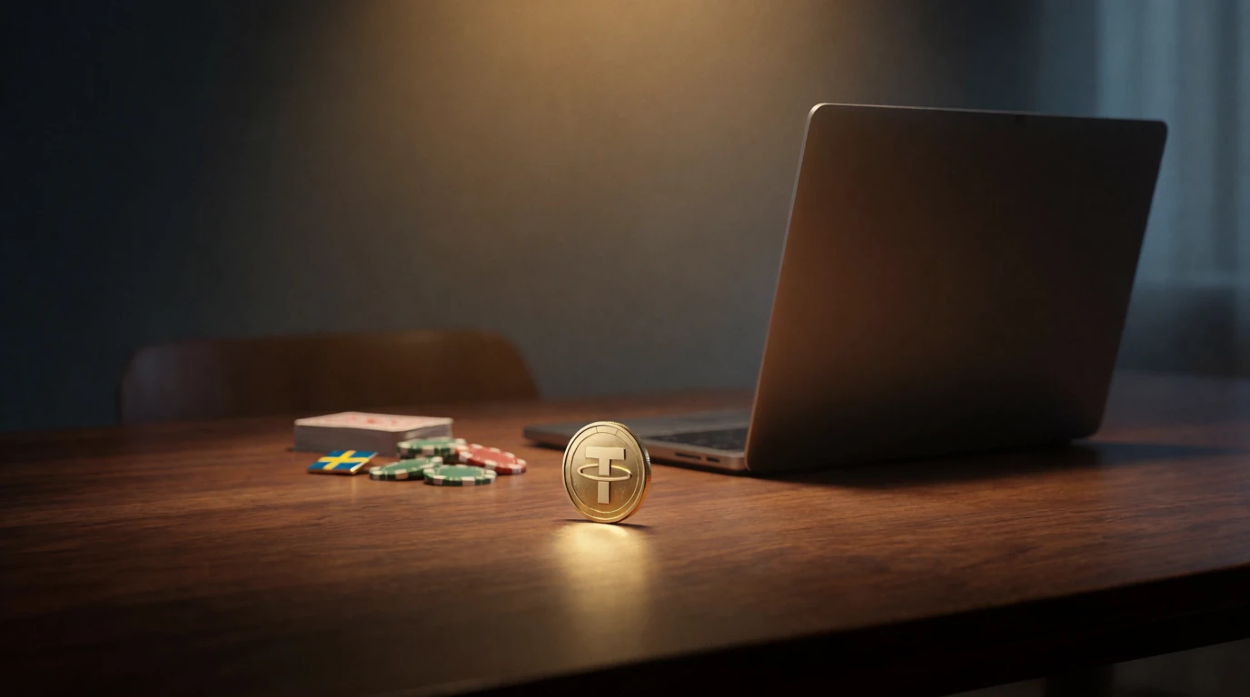 Tether-kryptotoken med casinoklichor och svensk flagga på bordet