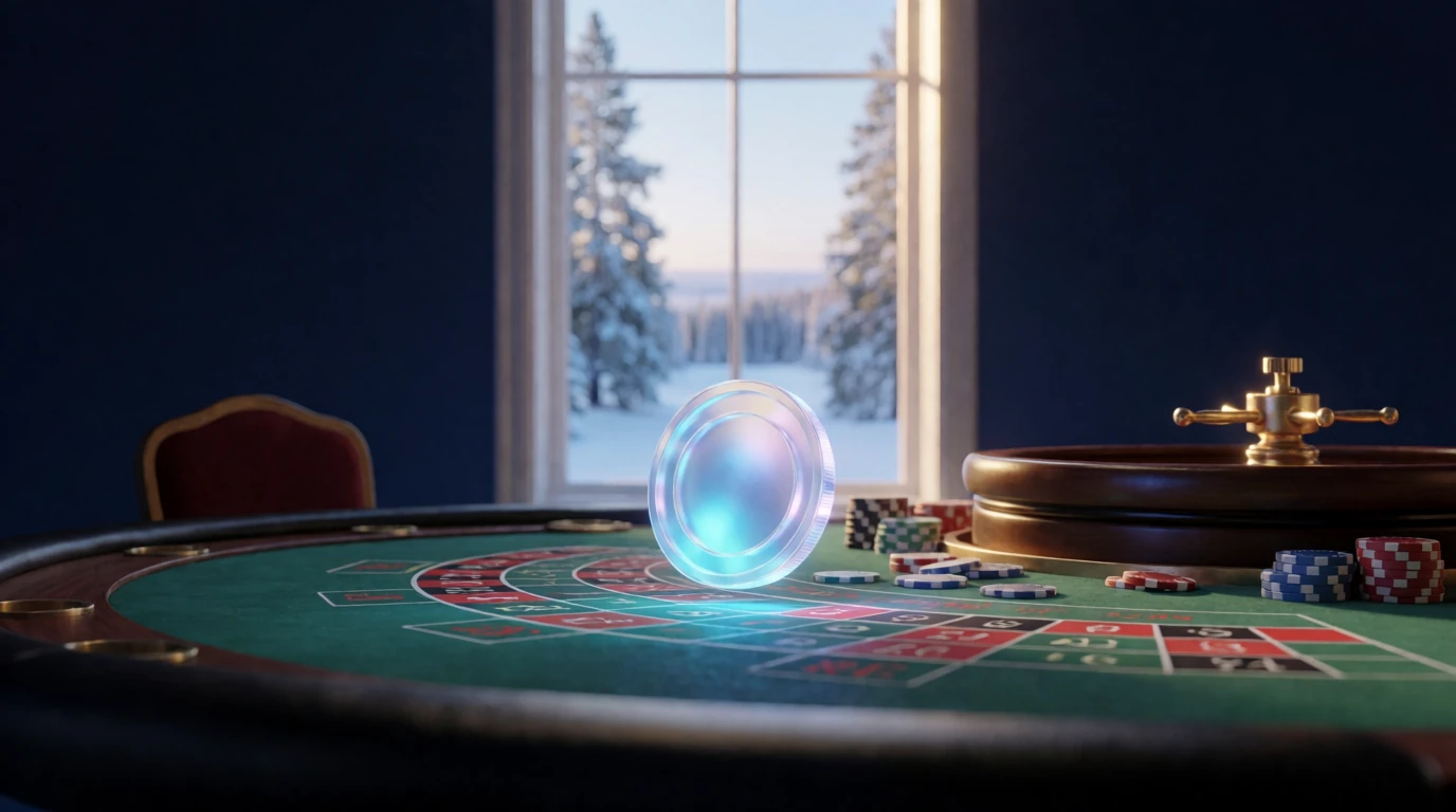 Glödande kryptovaluta-mynt ovanför casinobord med roulette och marker, nordisk vinterutsikt