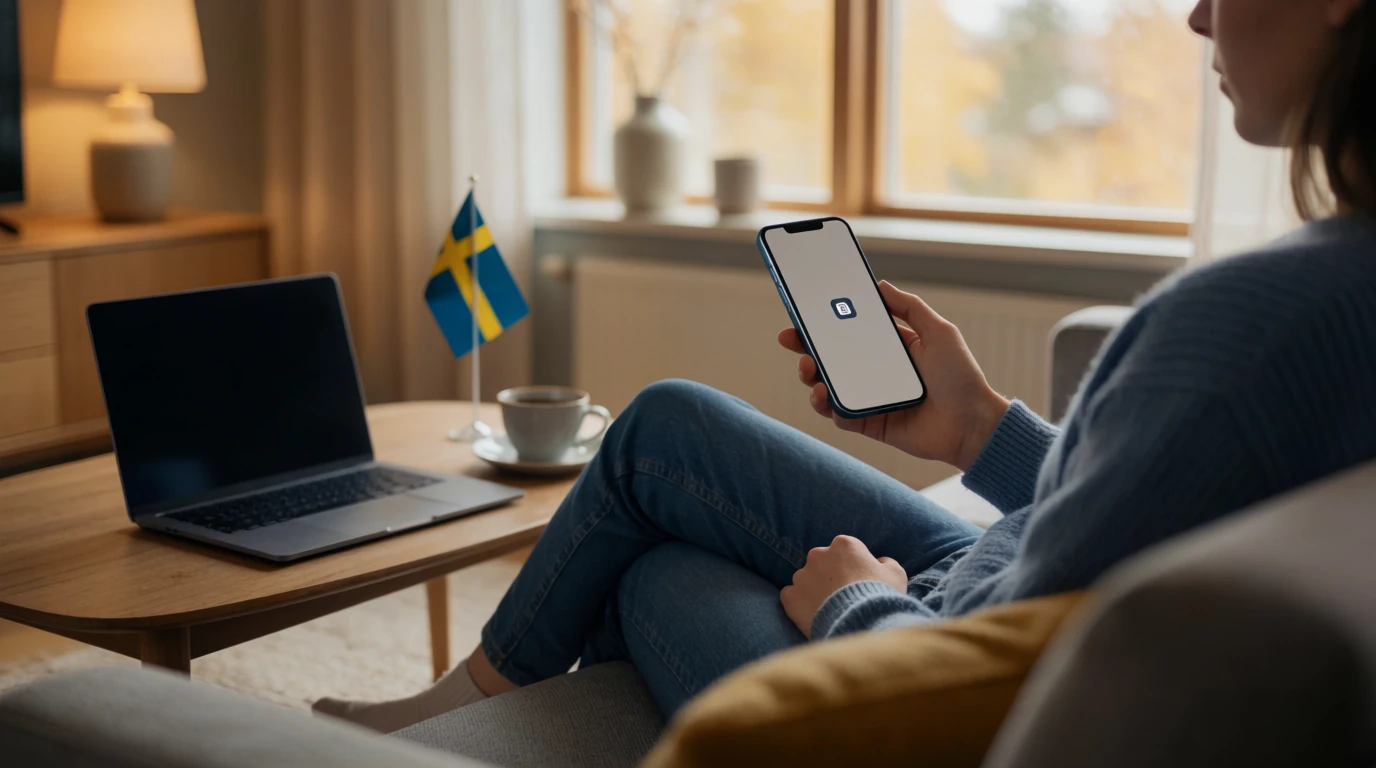 Person med mobiltelefon i svenskt vardagsrum med Trustly-betalning