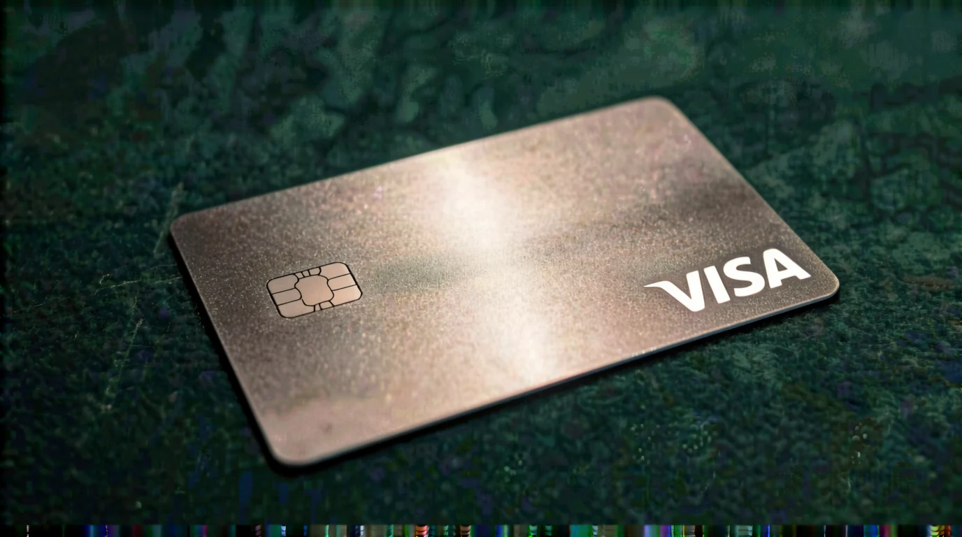 Visa-kort placerat på casinobord med marker och grönt filtunderlag