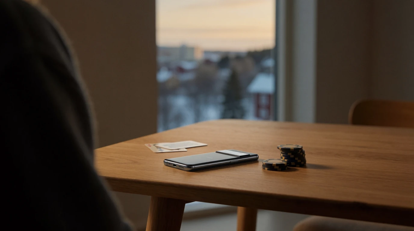Android-telefon med casinotillbehör på skandinaviskt bord i Sverige