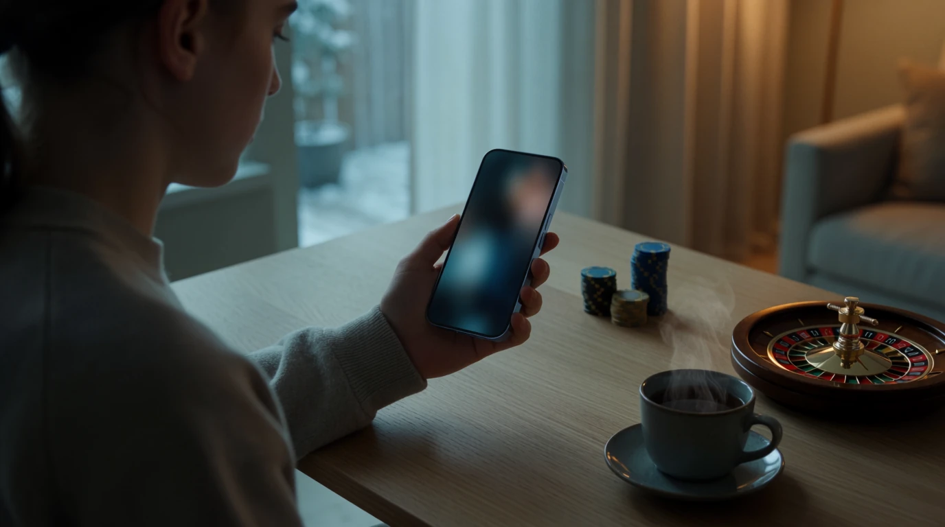 Person vid minimalistiskt skrivbord med smartphone, casinofärger och roulette i modern svensk lägenhet