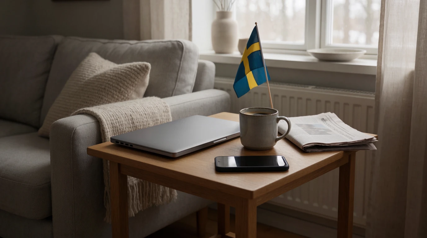 Laptop och telefon avstängda i svenskt vardagsrum