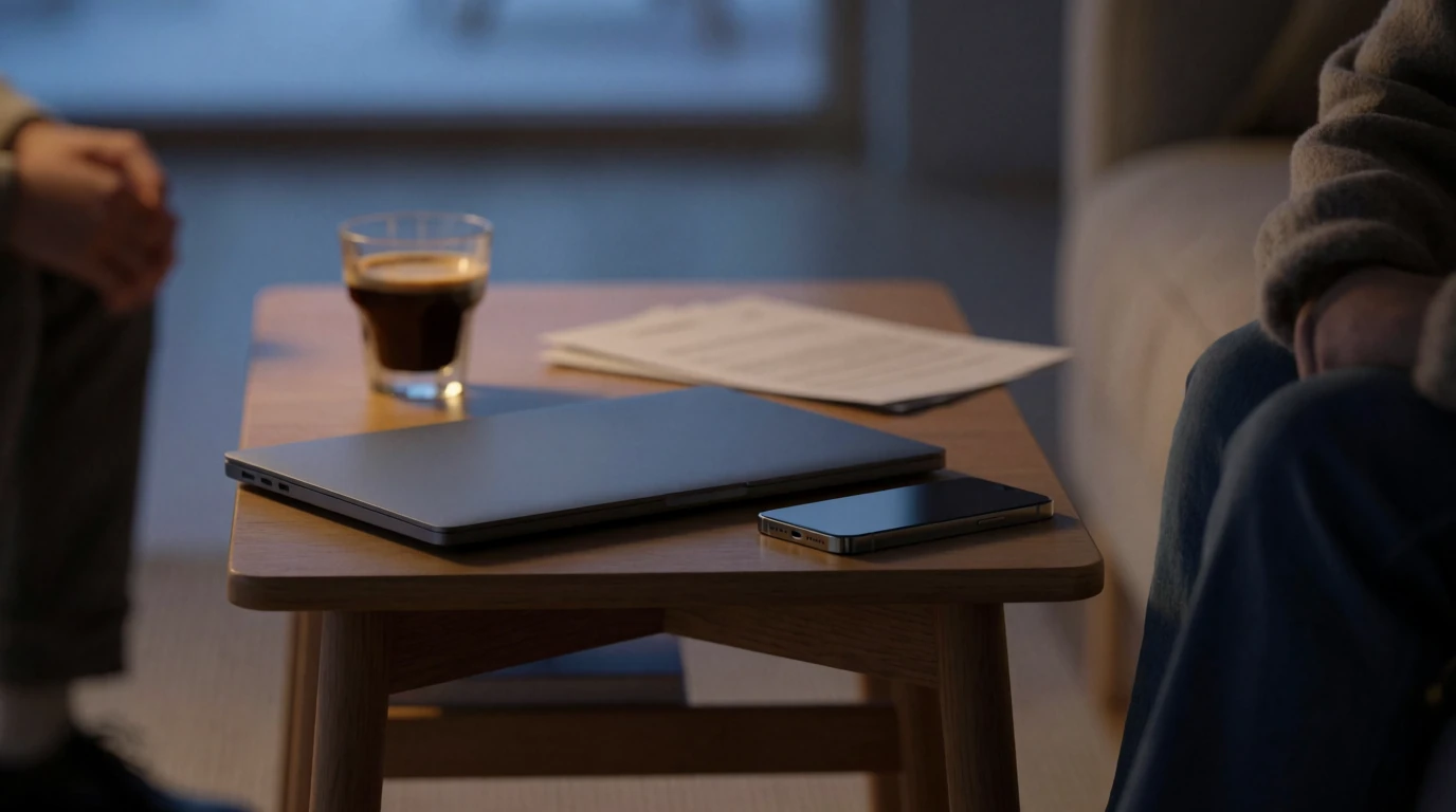 Stilren svensk hemmiljö med stängd laptop och dokument om svenska casinosajter.