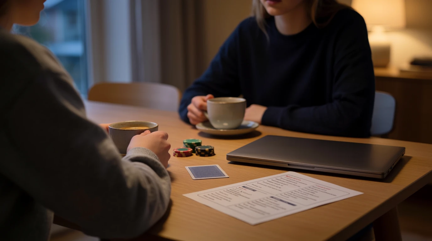Kvinna vid bord med stängd laptop, casinomarker och regelblad i mysig lägenhet