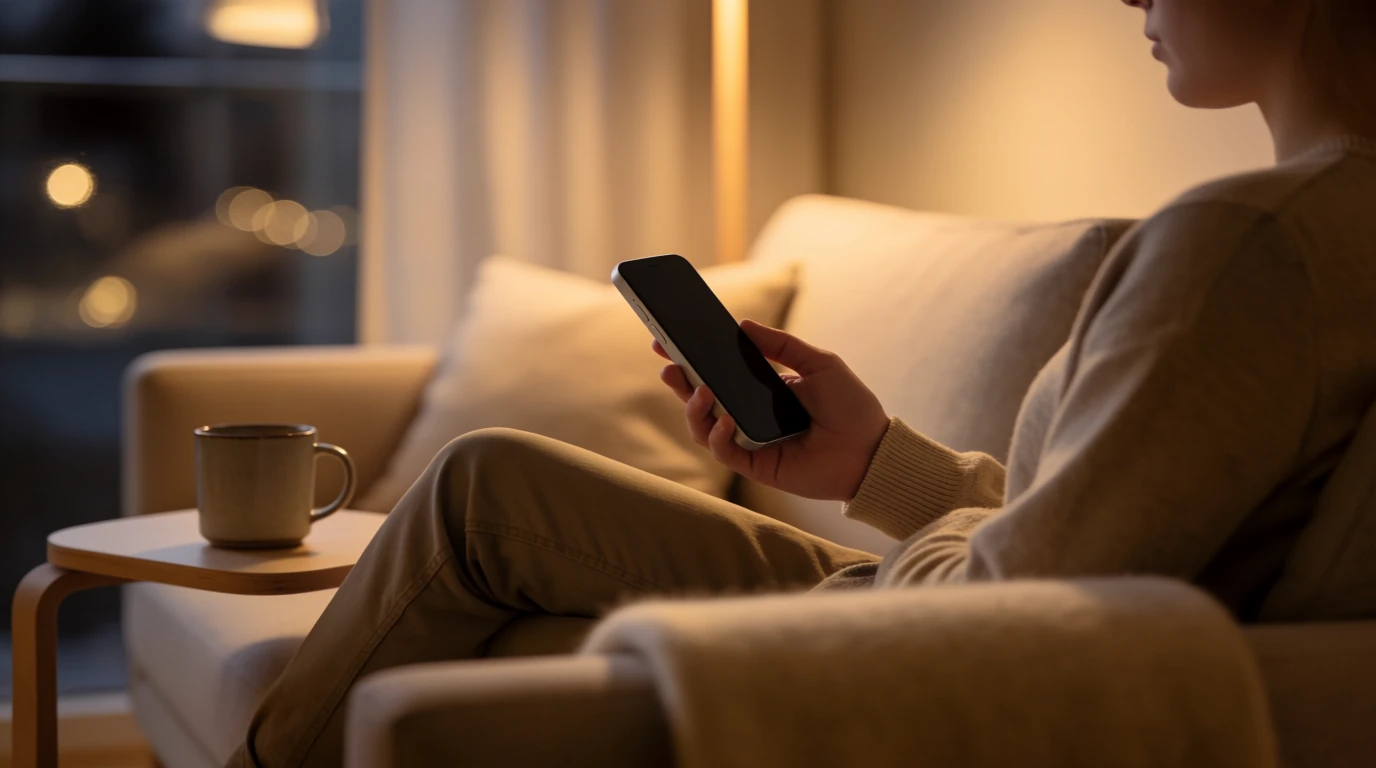 Person i soffan med smartphone i ett minimalistiskt svenskt vardagsrum