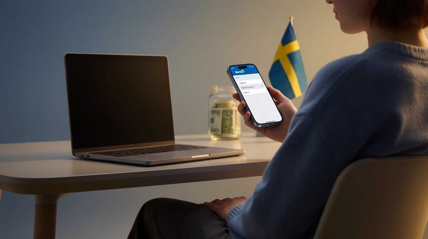 Svensk spelare med BankID på mobilen vid skrivbord