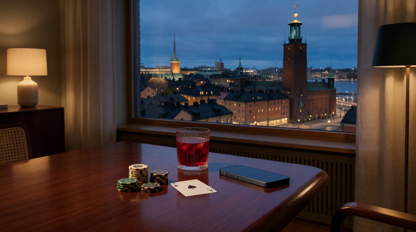 Casinochips och spelkort på bord med Stockholms silhuett i fönstret