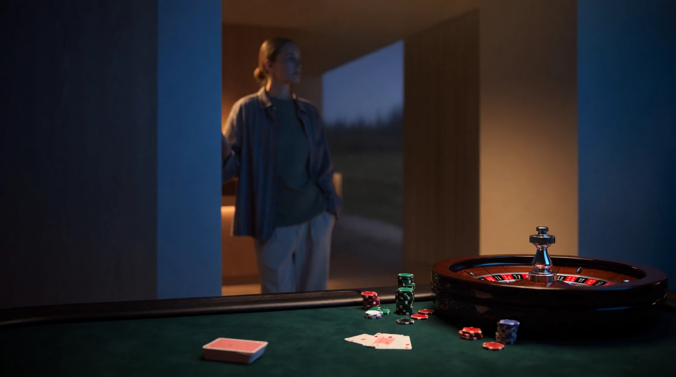 Casinomiljö med roulettebord, marker och kort i avslagen belysning