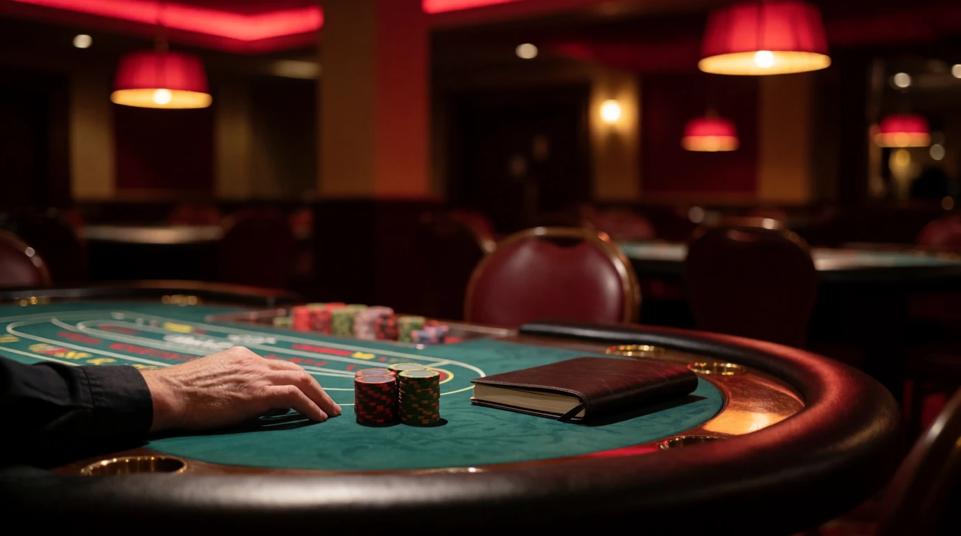 Tomt casinogolv i Sverige med roulettehjul och en liten hög marker vid sidan